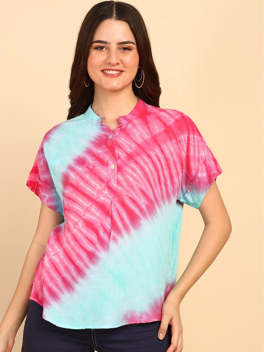 Maaesa Hand Tie and Dye Mandarin Collar Shirt Style Top