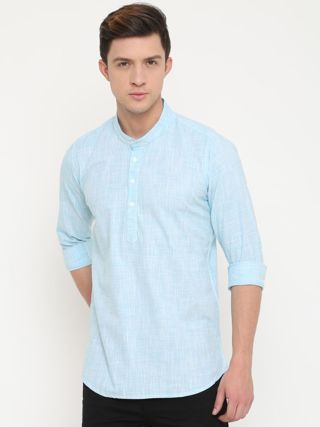 Cross Court Woven Design Mandarin Collar Cotton Straight Kurta