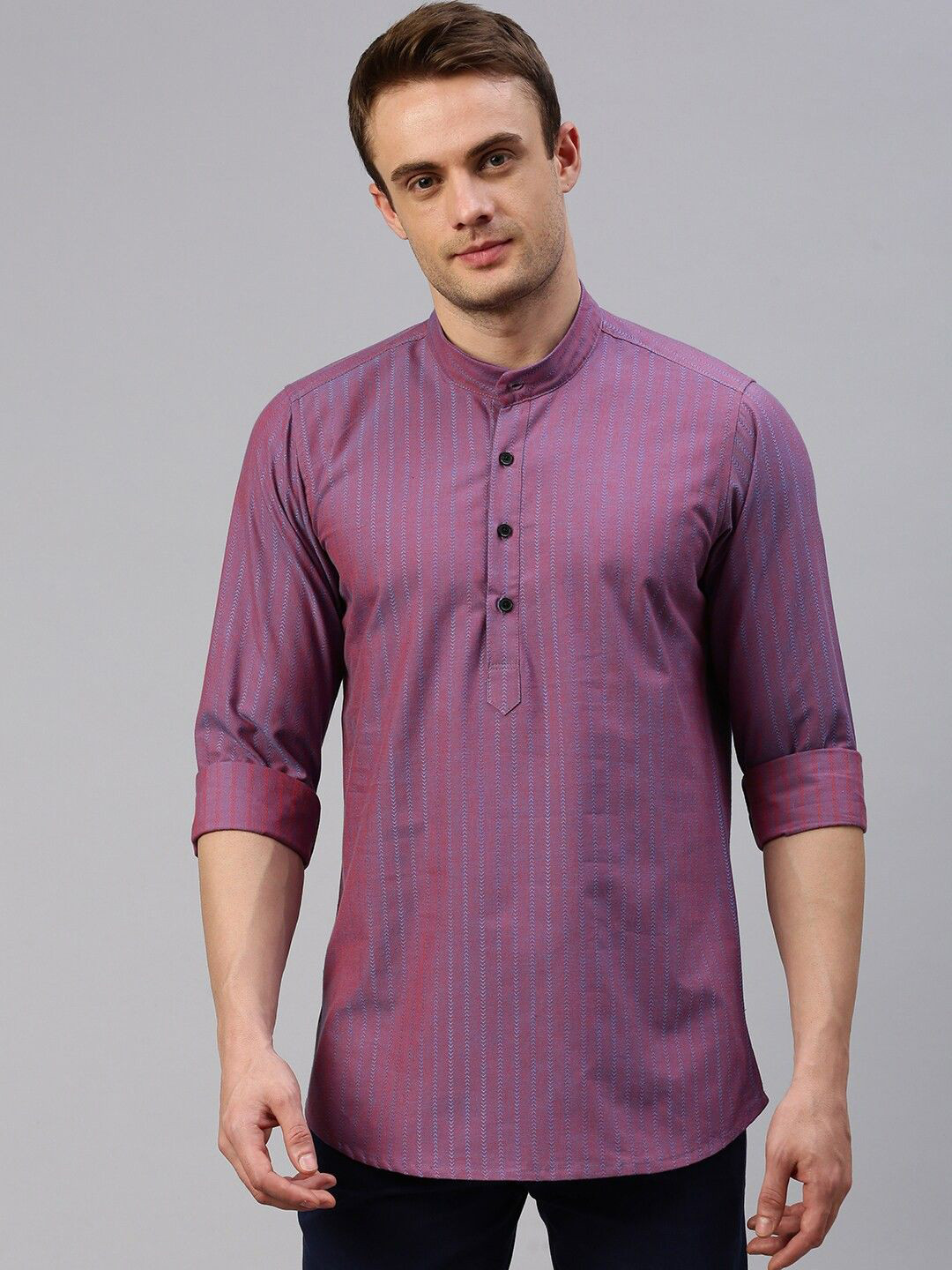 Cross Court Striped Woven Design Mandarin Collar Cotton Straight Kurta