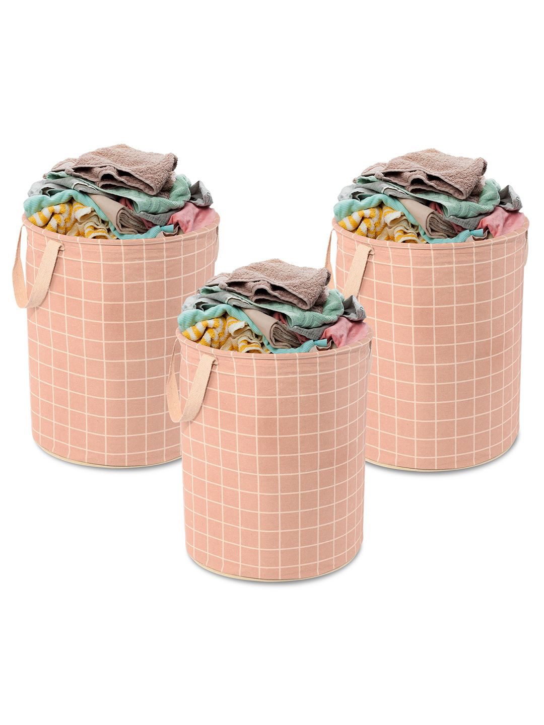 Kuber Industries Brown & White 3 Pieces Printed Cotton Round Laundry Bag 60 L