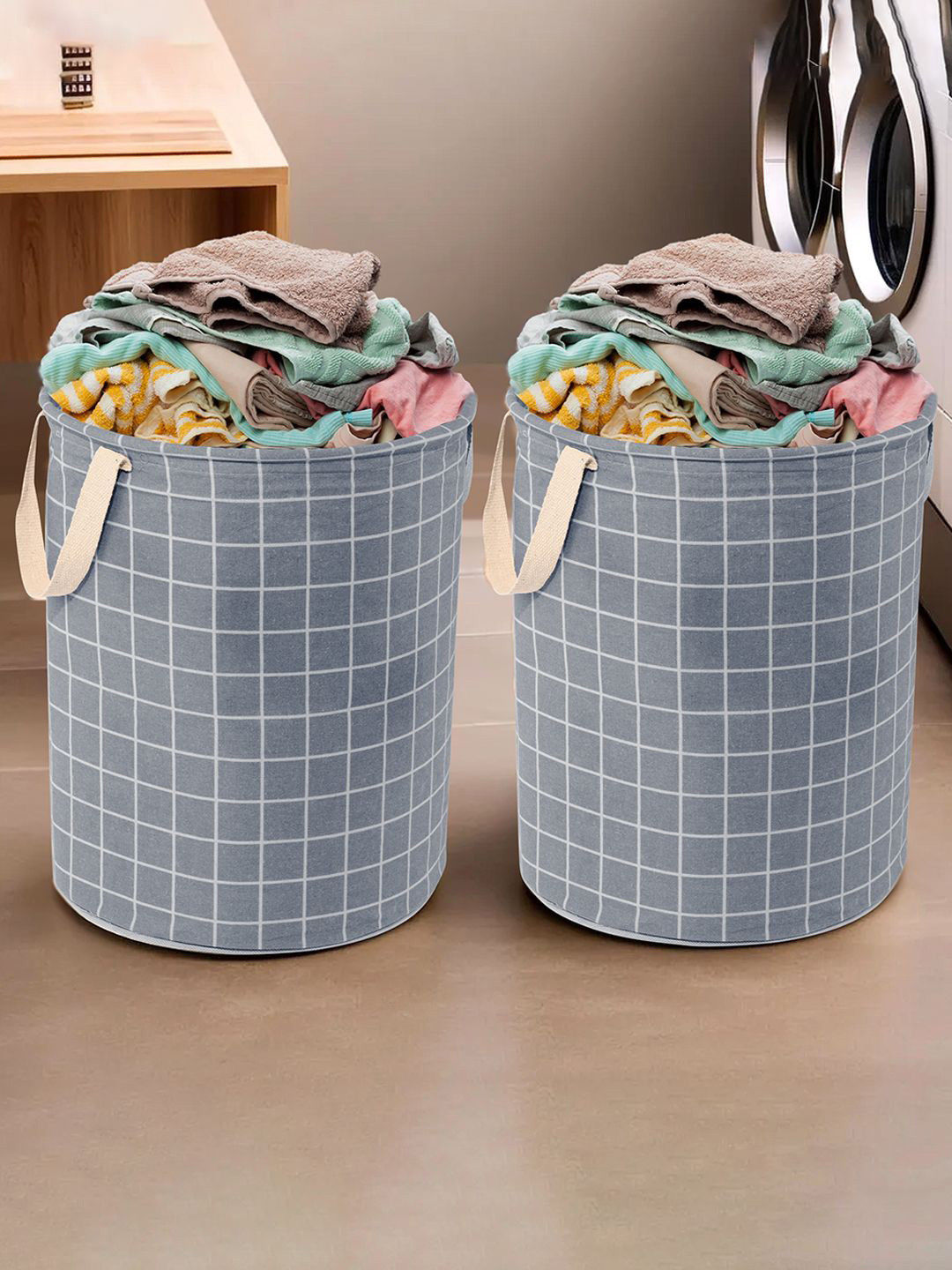 Kuber Industries Grey & White 2 Pcs Checked Printed Cotton Foldable Laundry Baskets