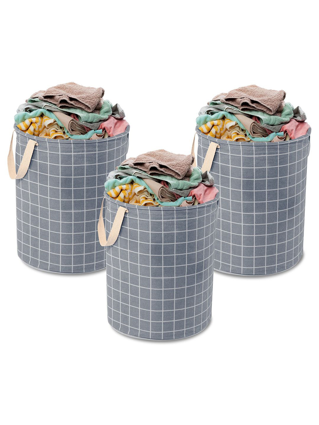 Kuber Industries Dark Grey 3 Pieces Checked Cotton Round Laundry Bag
