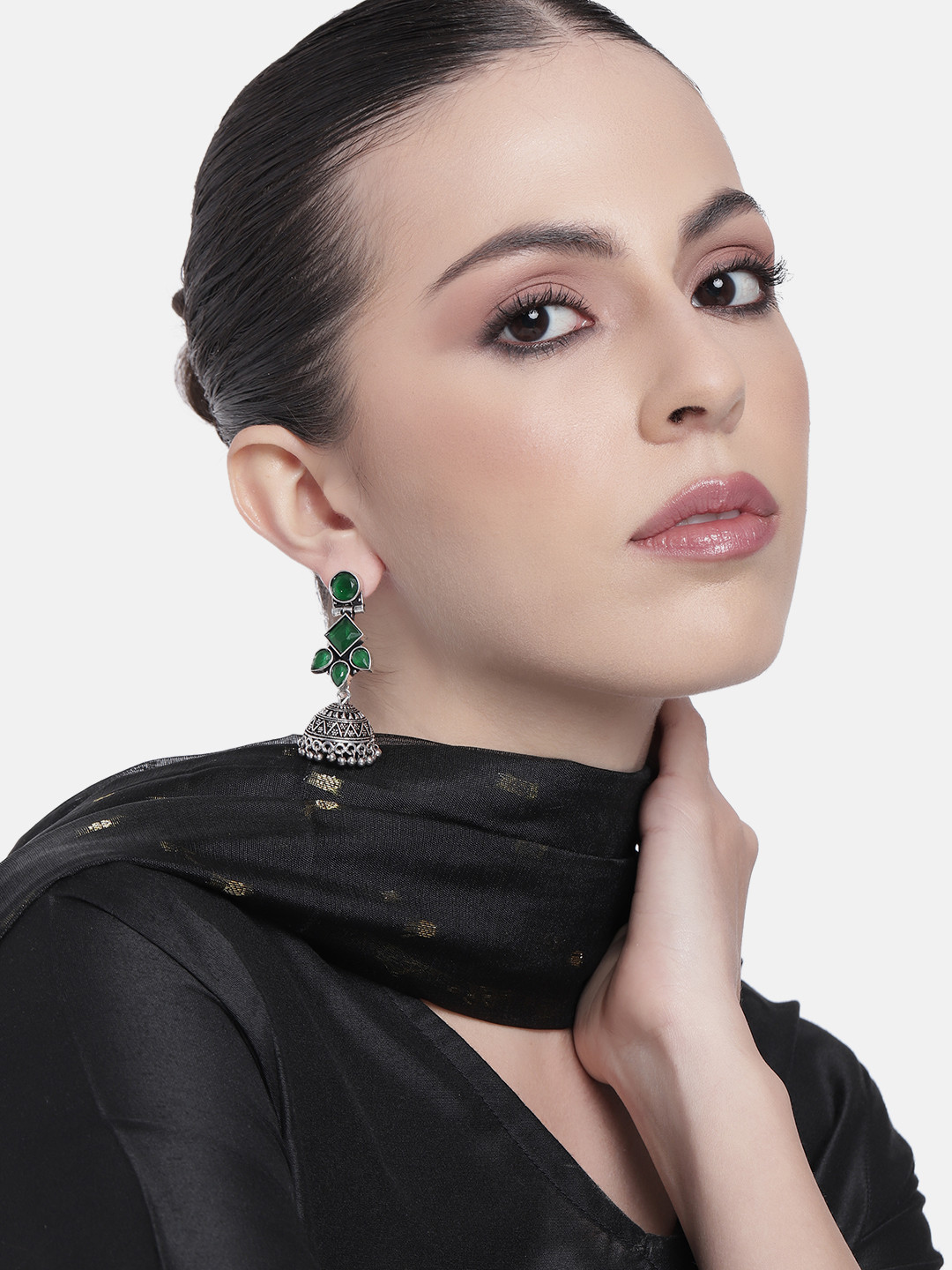 AITIHYA Silver-Plated Dome Shaped Beads & Stones Oxidised Jhumkas