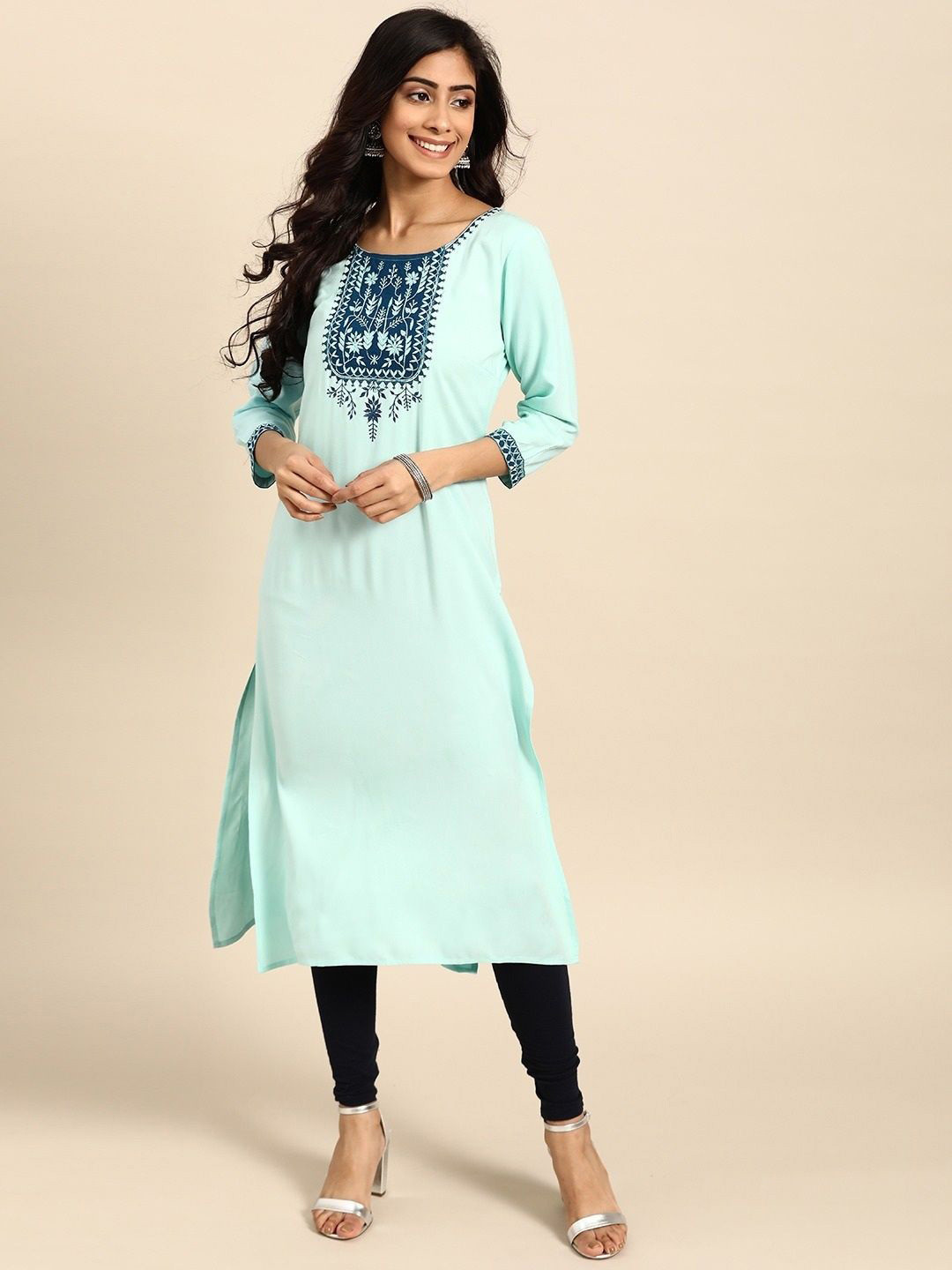 Anouk X fwd Blue Floral Embroidered Pure Cotton Straight Kurta