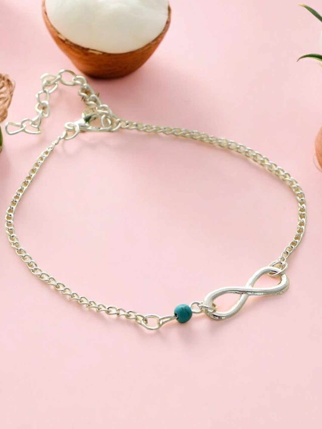 OOMPH Silver Plated Artificial Stones and Beads Single Anklet