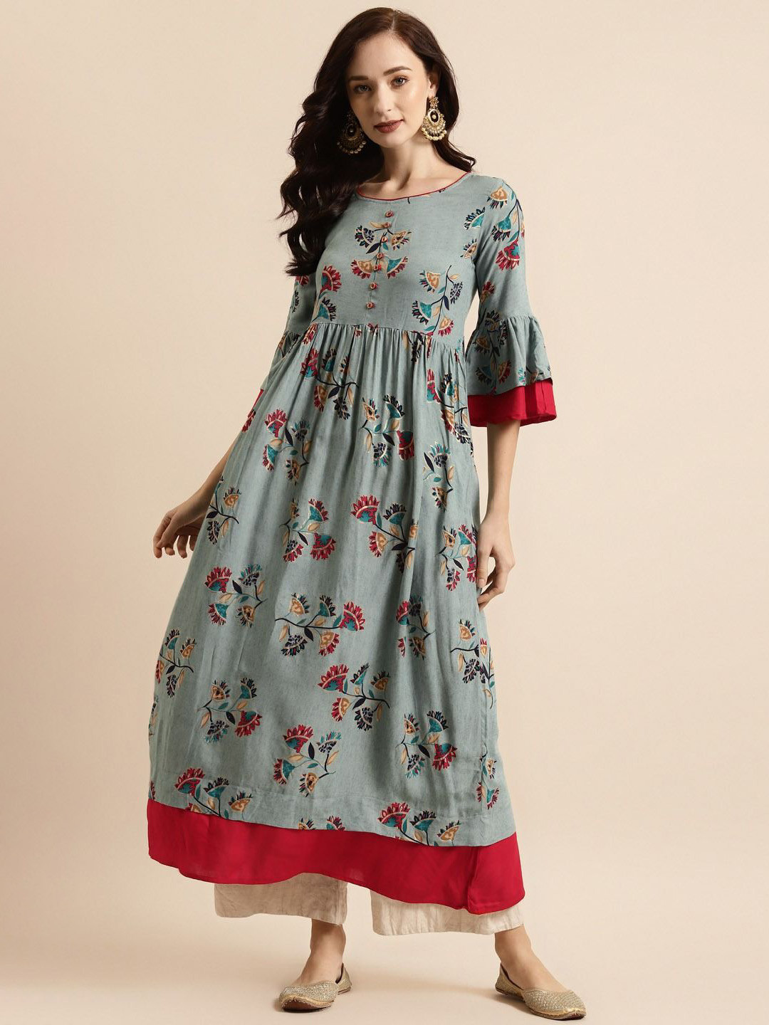 Anouk Teal Blue Floral Printed Bell Sleeves Liva Anarkali Kurta