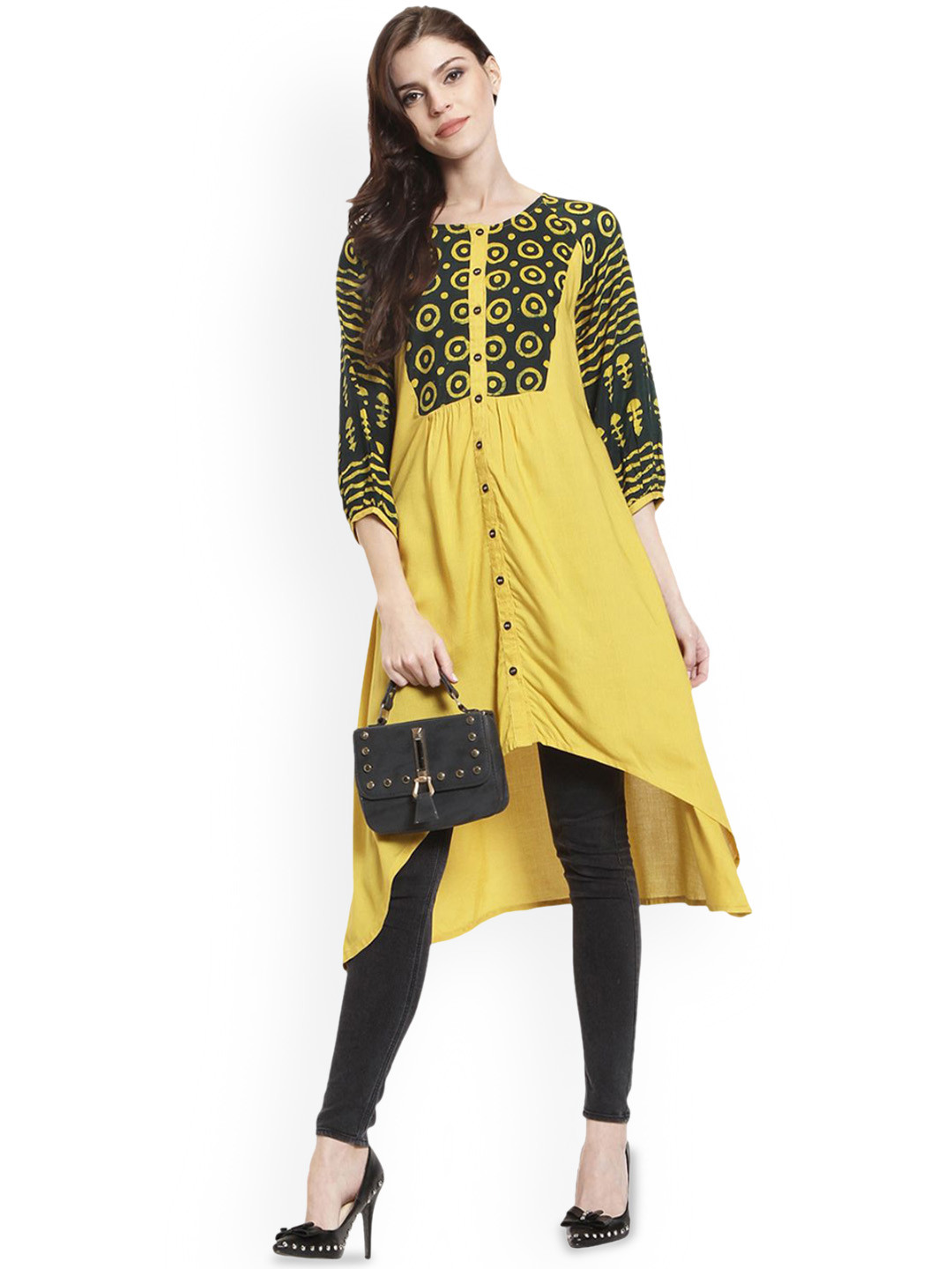 Anouk X fwd Yellow Geometric Yoke Design A-Line Kurta