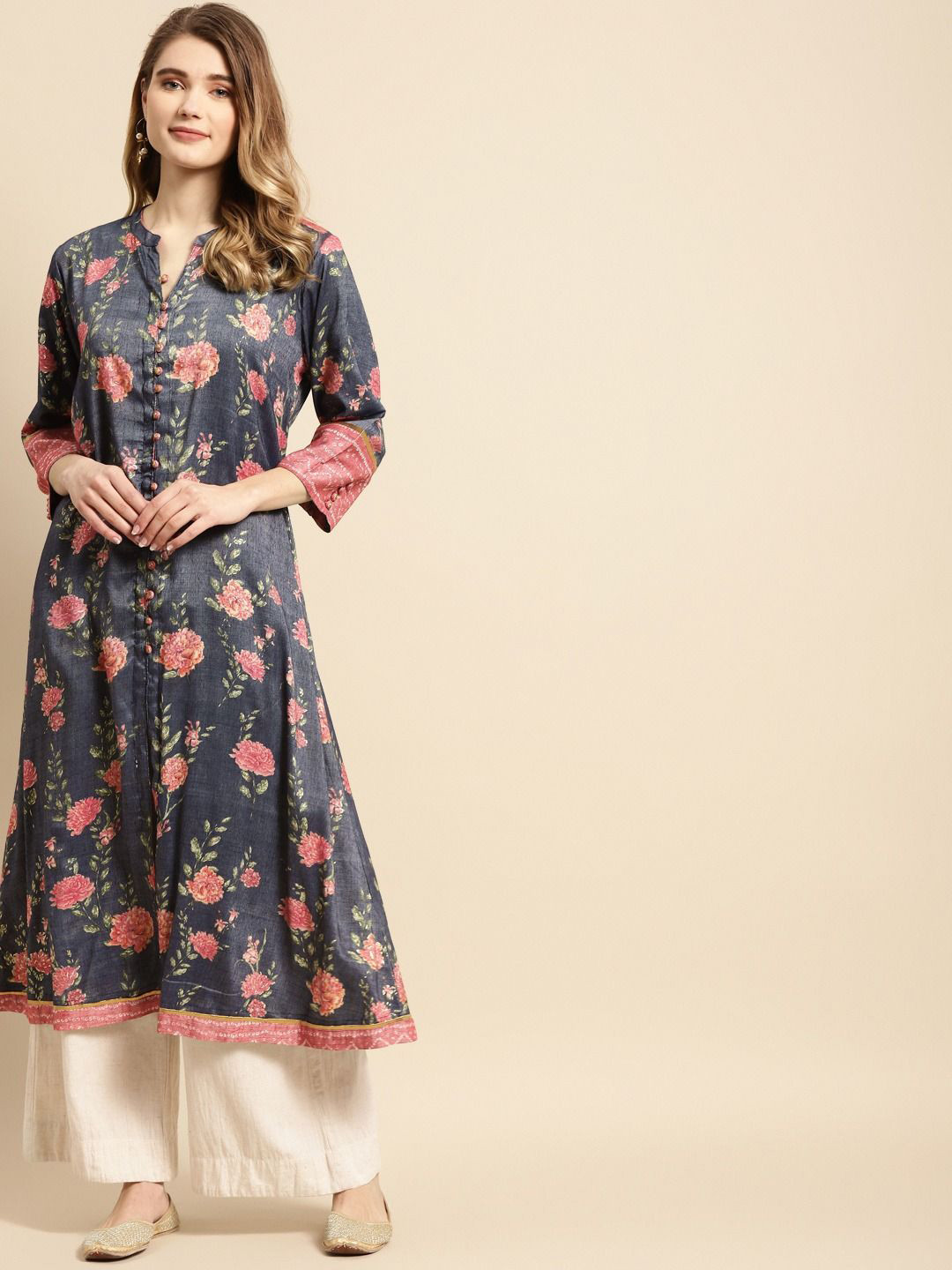 Anouk X fwd Blue Floral Printed Mandarin Collar Cotton A-Line Kurta