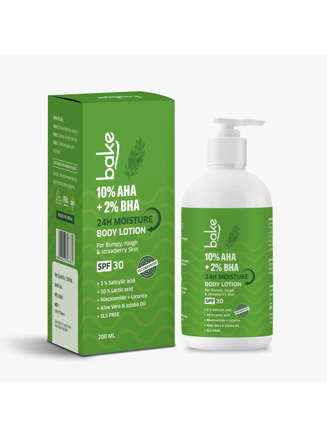 BAKE 10% AHA + 2% BHA Body Lotion SPF 30 PA+++ for Body Acne & Strawberry Skin - 200ml