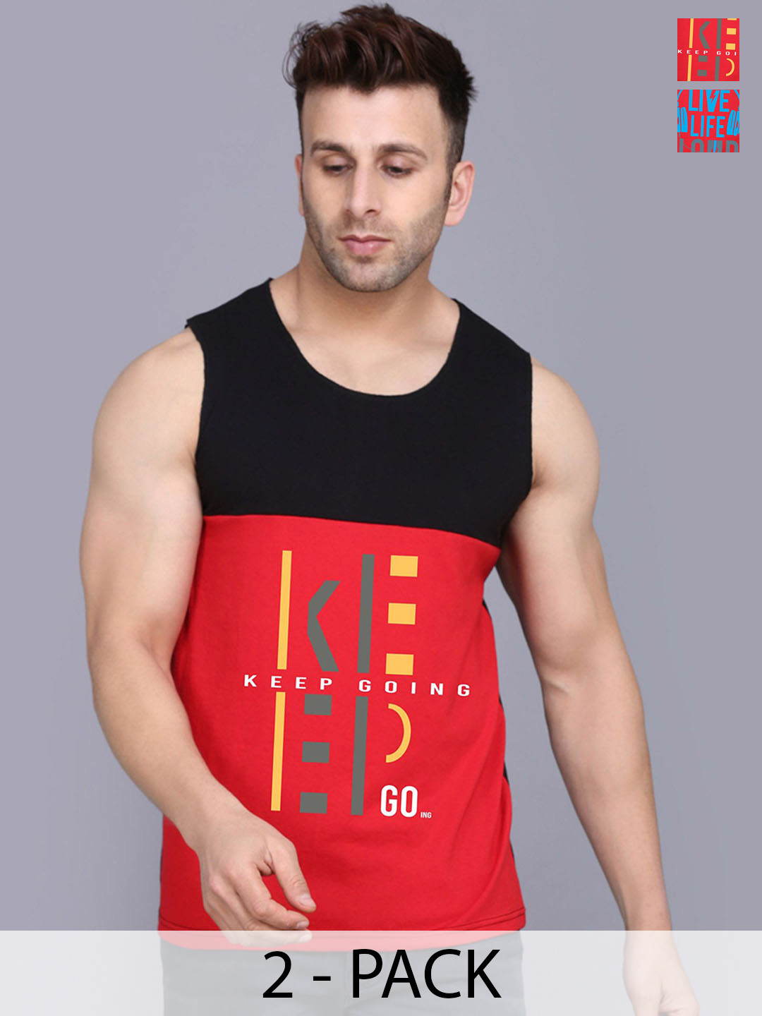 SLOWLORIS Pack Of 2 Printed Innerwear Vests SL26 COMBO (LOUD BLKRED) (KEEP BLKRED)