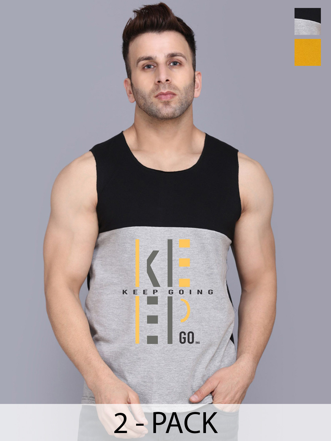 SLOWLORIS Pack Of 2 Printed Cotton Vests- SL26 COMBO (LOUD MUSTARD) (KEEP BLKGRY)