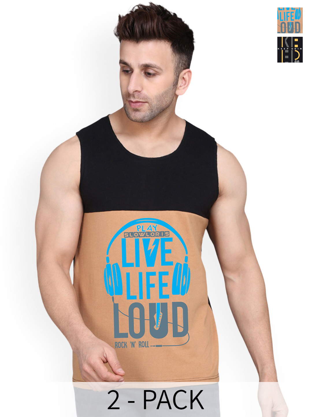 SLOWLORIS Pack Of 2 Printed Cotton  Vests- SL26 COMBO (LOUD BLKRST) (KEEP BLACK)