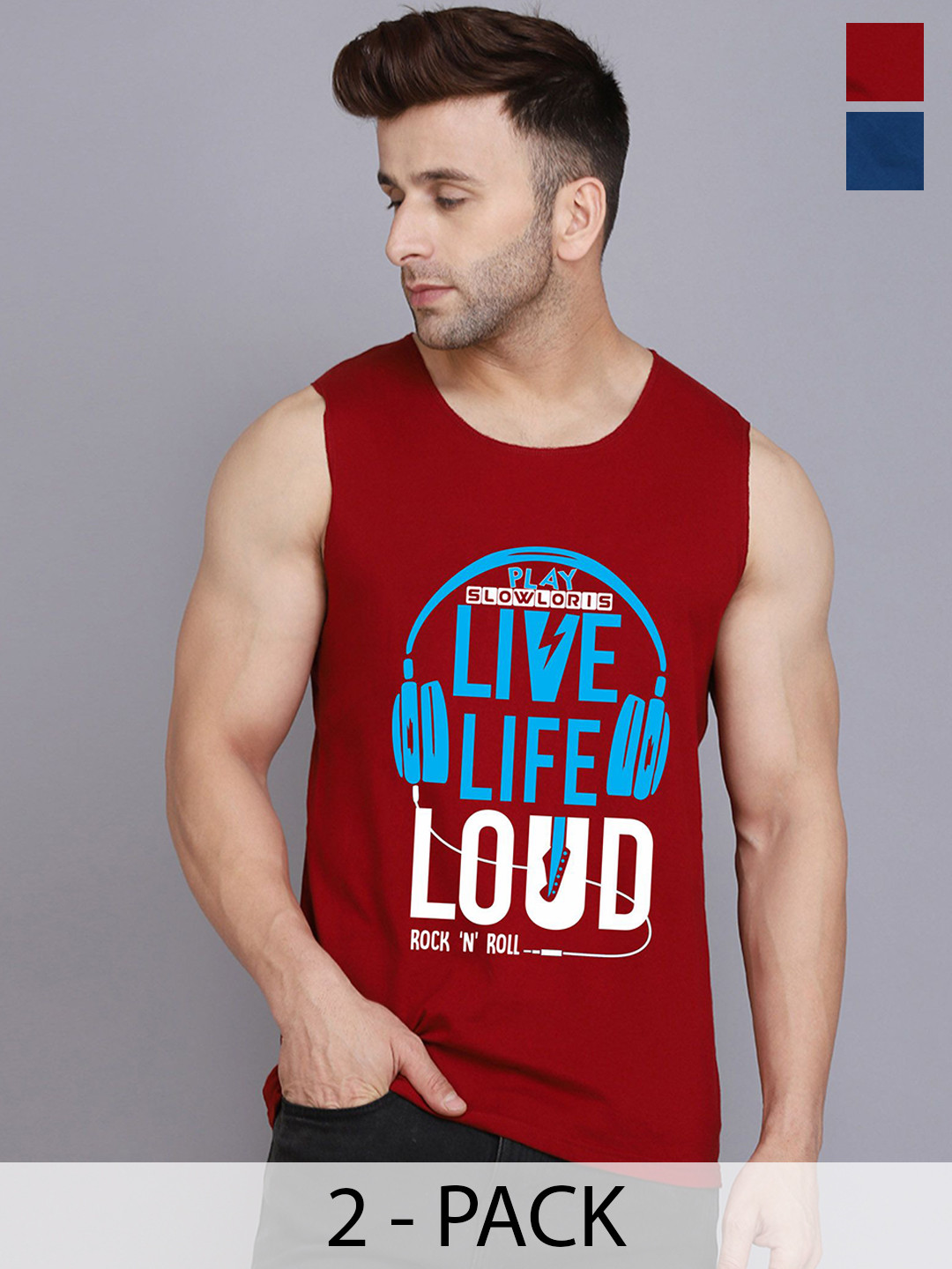 SLOWLORIS Men Pack Of 2 Printed Round Neck Gym VestSL26 COMBO (LOUD MAROON) (KEEP BLKPCK)
