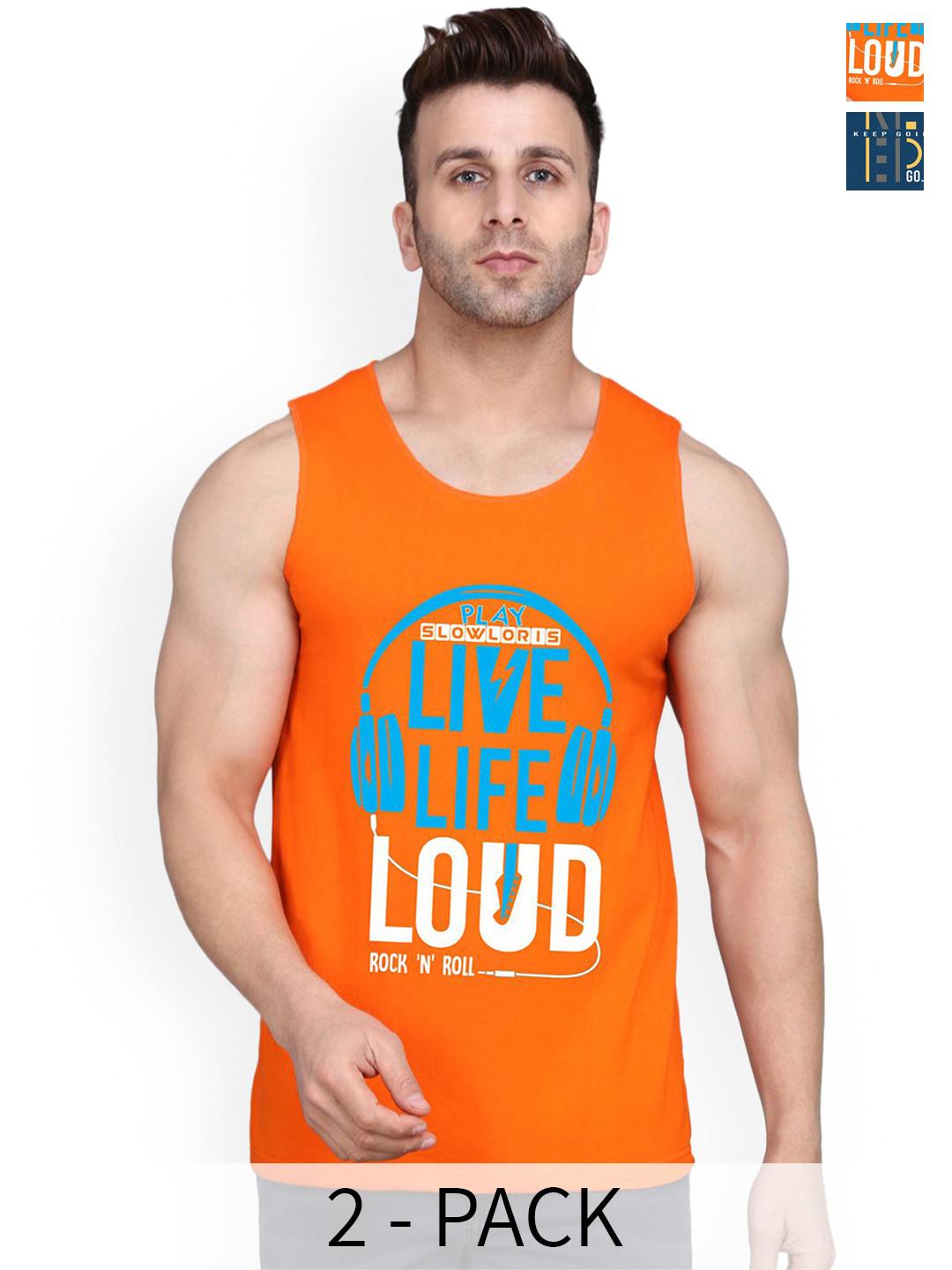 SLOWLORIS Men Pack Of 2 Printed Cotton Gym Vests- SL26 COMBO (LOUD ORANGE) (KEEP PEACOCK)