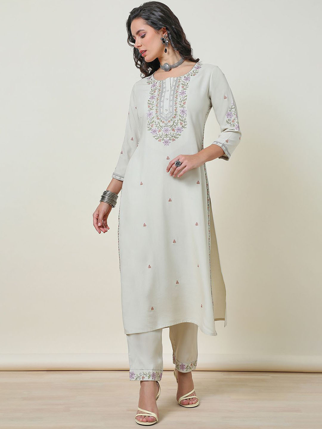Soch Beige-Coloured Floral Embroidered Thread Work Straight Kurta With Trousers