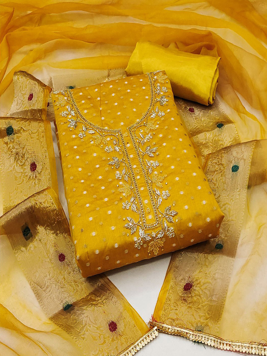 Lilots Woven Design Chanderi Silk Organza Unstitched Dress Material