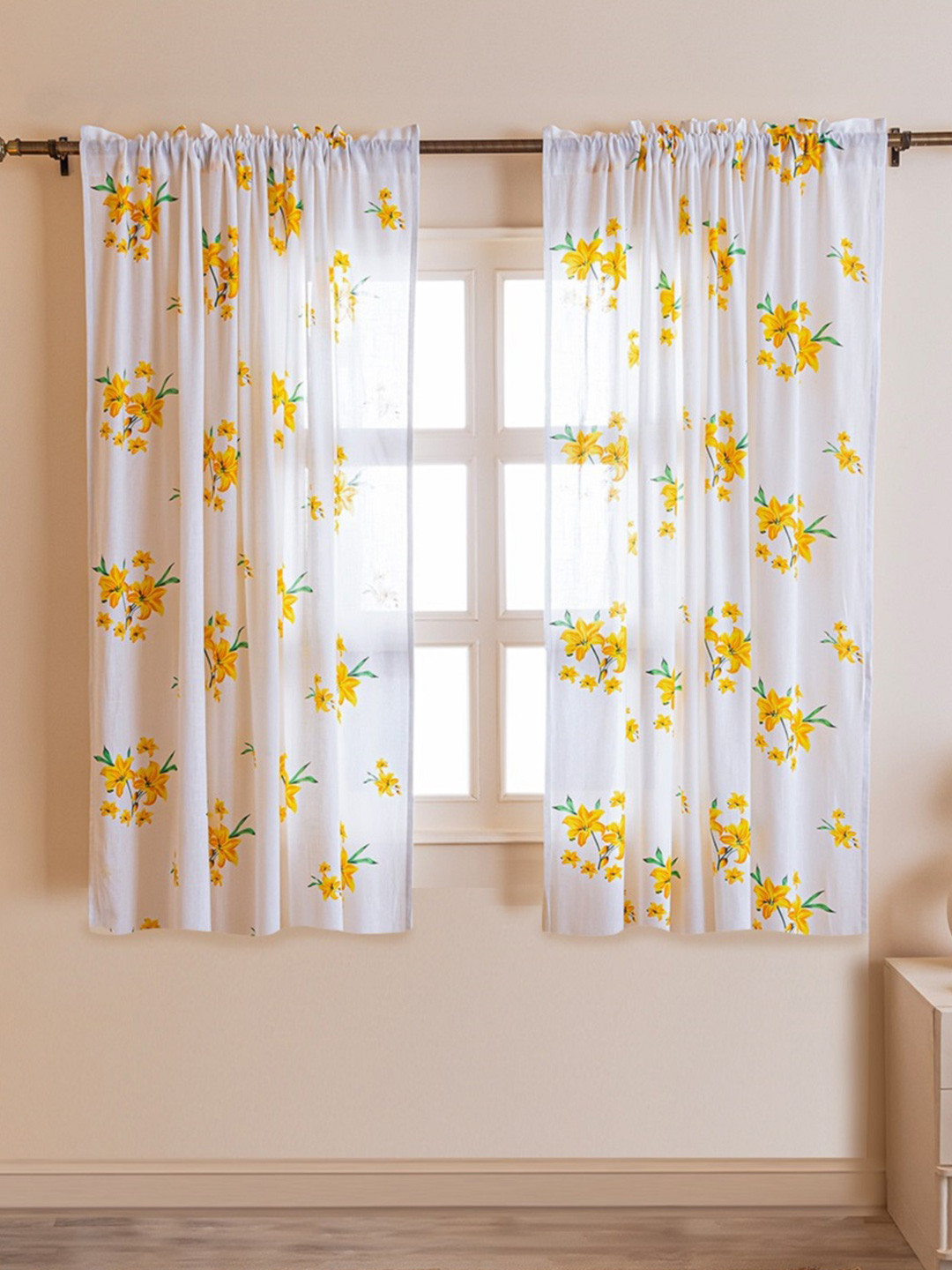HOMEMONDE Set of 2 Sheer Floral Cotton Rod Pocket Window Curtains - 5 Feet