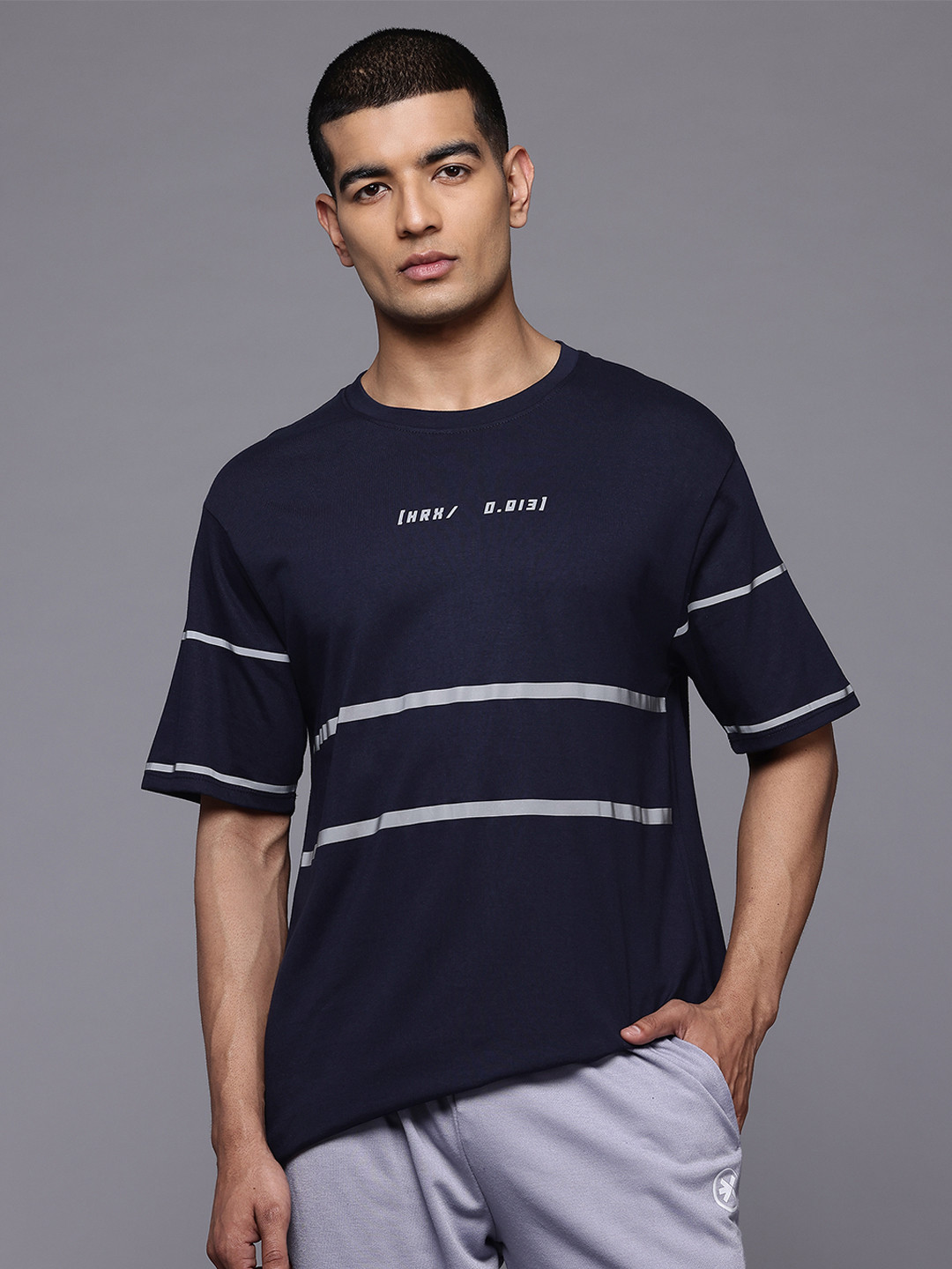 HRX by Hrithik Roshan Men Reflective Striped Relaxed Fit T-shirt