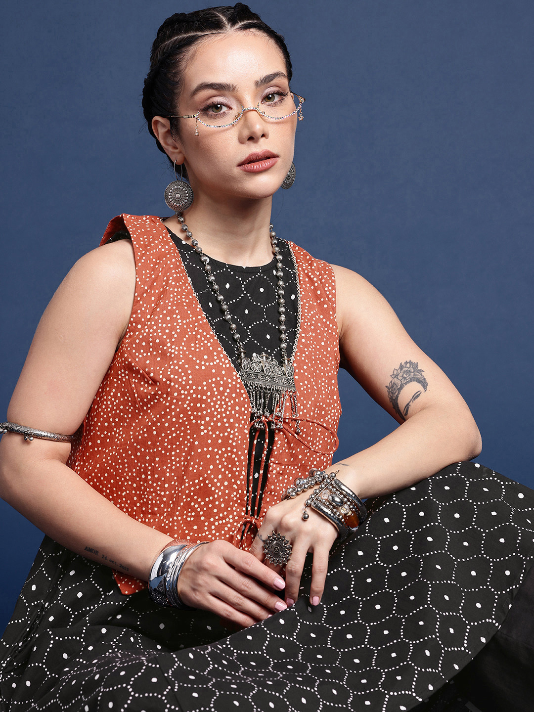 Taavi Pure Cotton Printed A-Line Bindu Kurta & Palazzos With Jacket