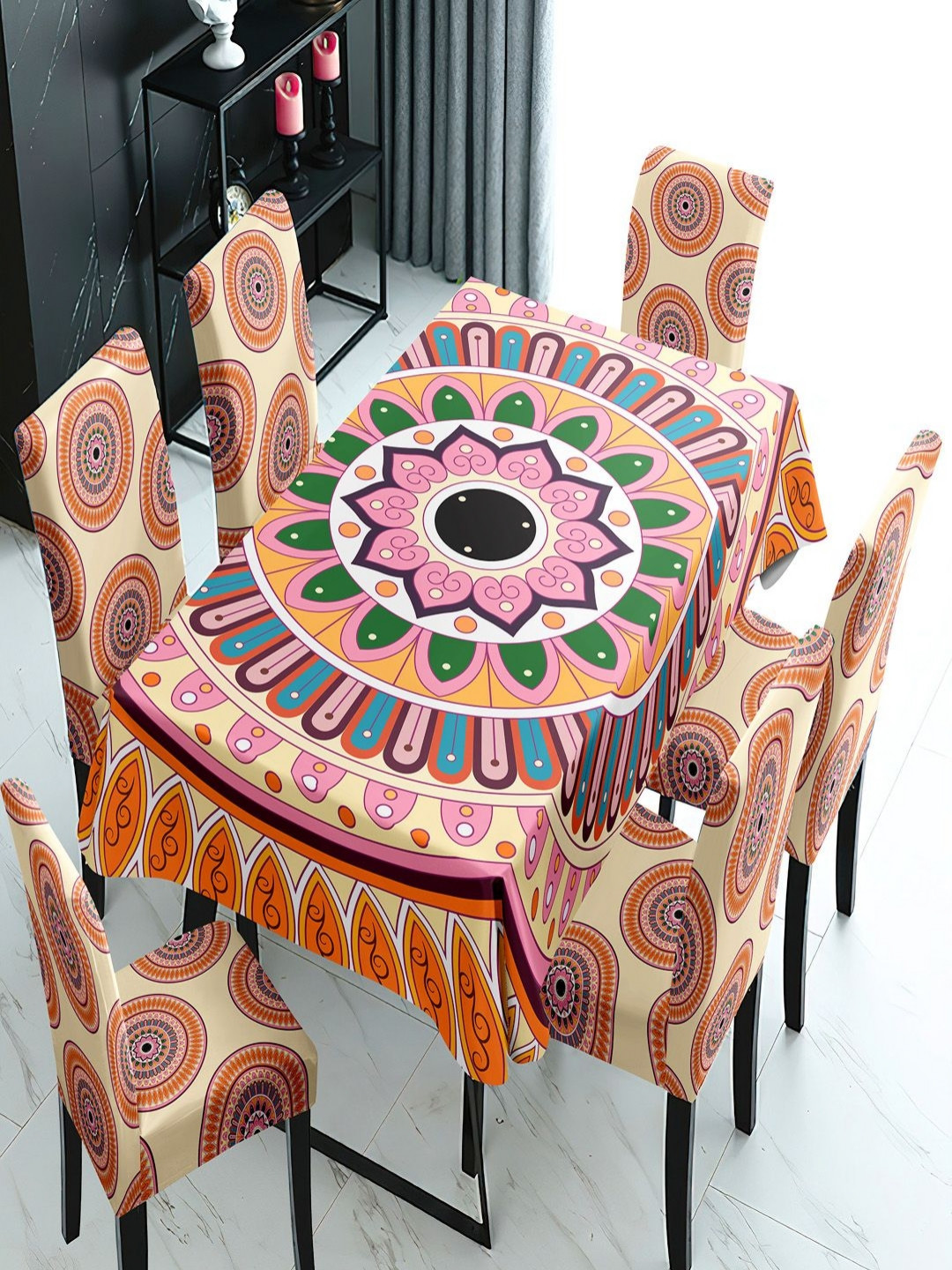 HOKIPO Cream Colored & Brown 7 Pieces Printed Chair Covers & Table Cloth