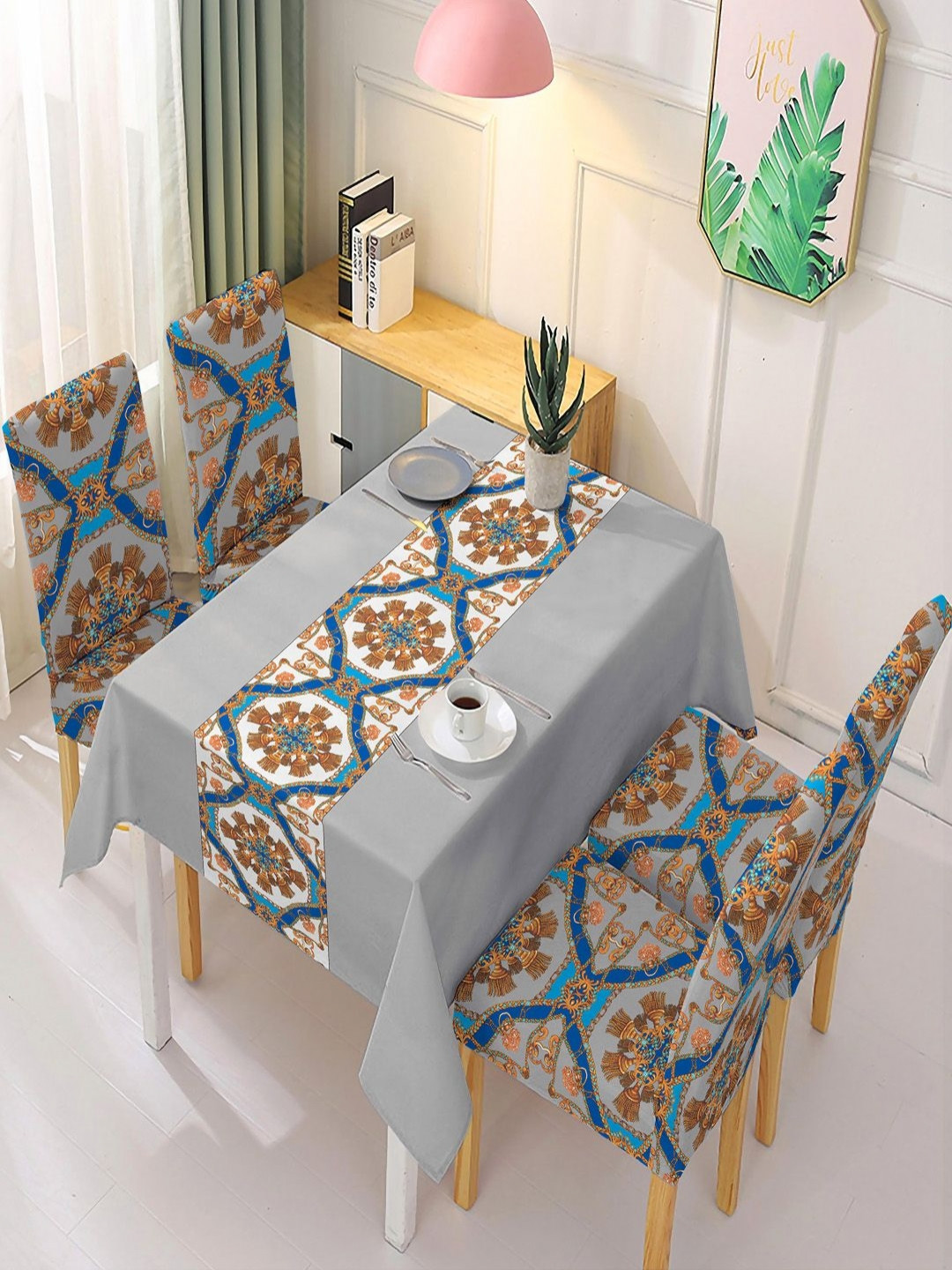 HOKIPO Grey & Blue 5 Pieces Printed Chair Covers with Table Cloth