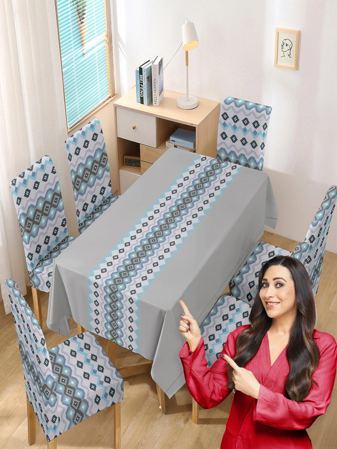 HOKIPO Grey & Blue 7 Pieces Printed Chair Covers With Table Cloth