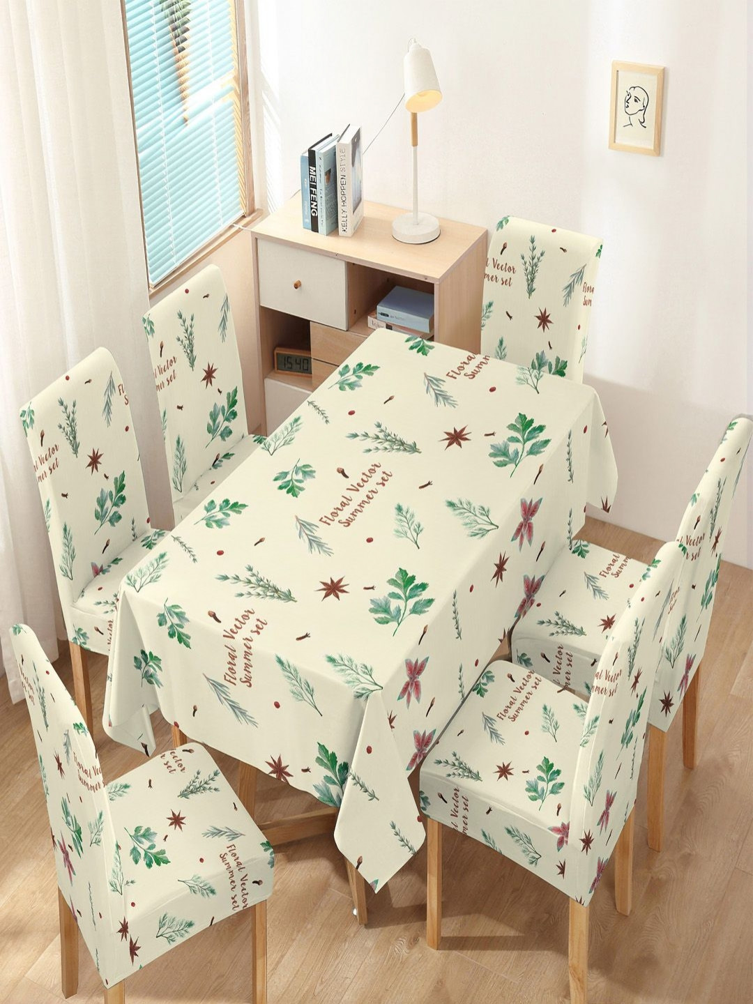 HOKIPO Cream-Color & Green 7 Pieces Printed Chair Covers With Table Cloth