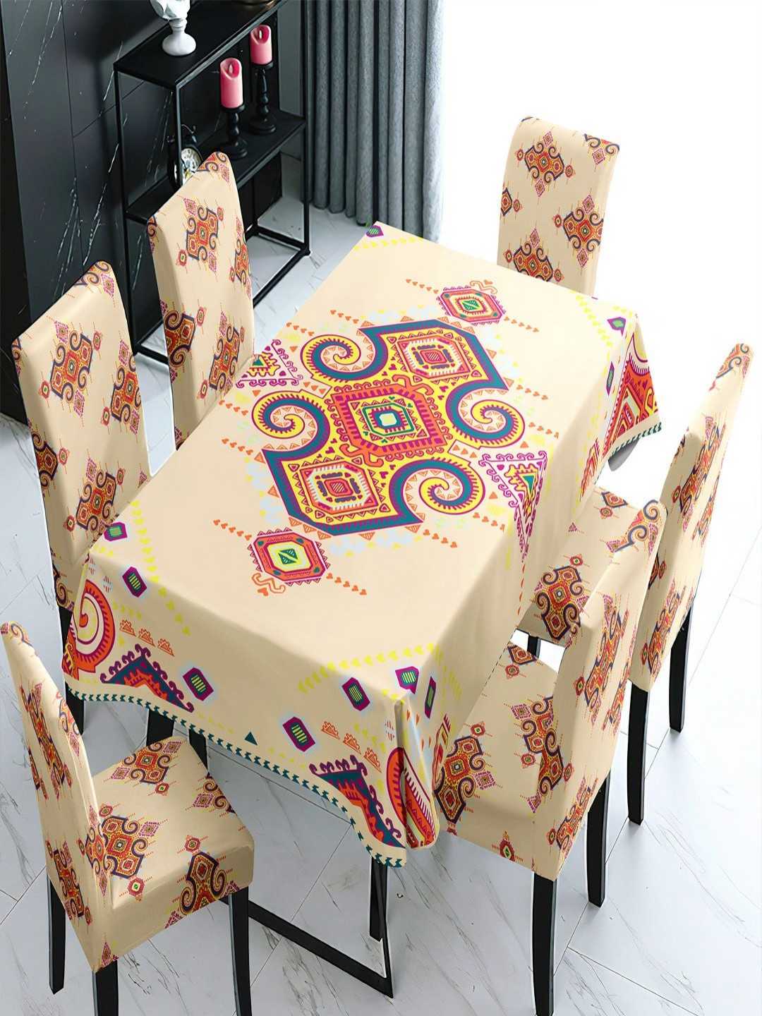 HOKIPO Beige & Red 7 Pieces Printed Chair Covers with Table Cloth