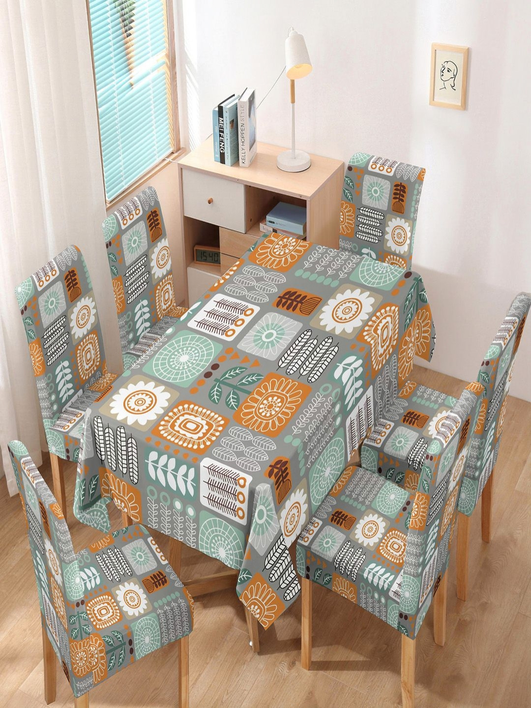 HOKIPO Grey & Green 7 Pieces Printed Chair Covers with Table Cloth