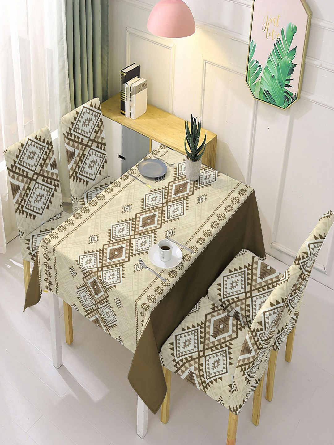 HOKIPO Brown & White 5 Pieces Printed Chair Covers With Tablecloth