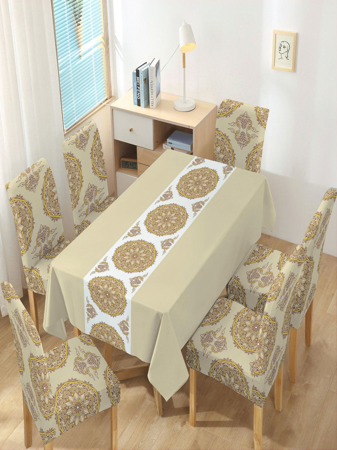 HOKIPO Brown & White 7 Pieces Printed Chair Covers with Table Cloth
