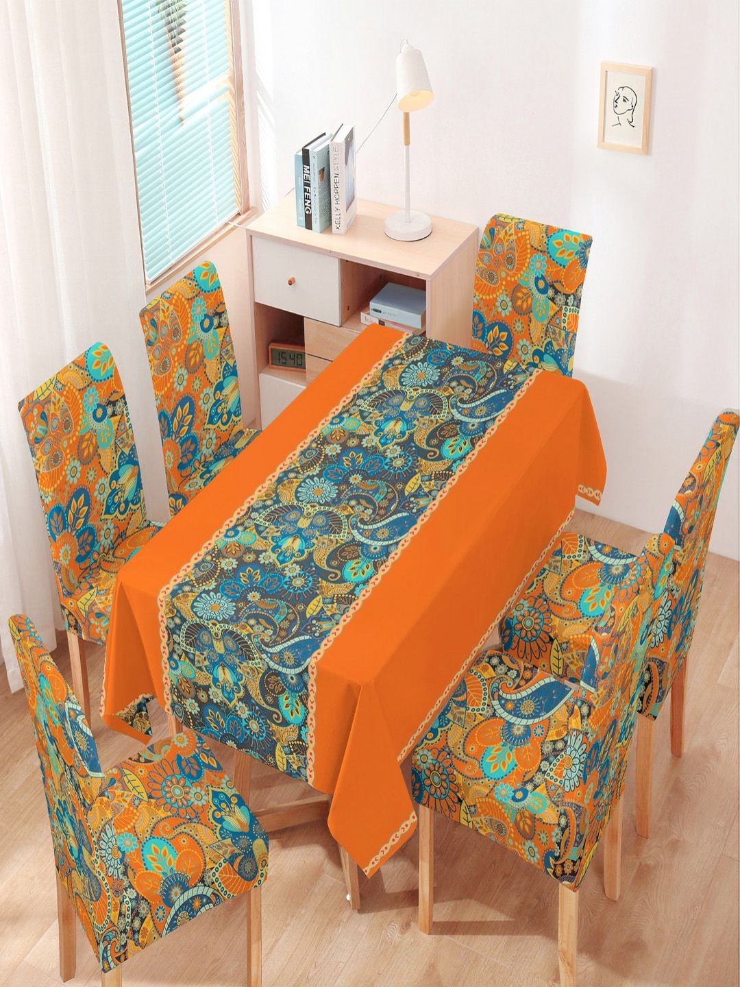 HOKIPO Orange 7 Pieces Printed Chair Covers & Matching Table Cloth