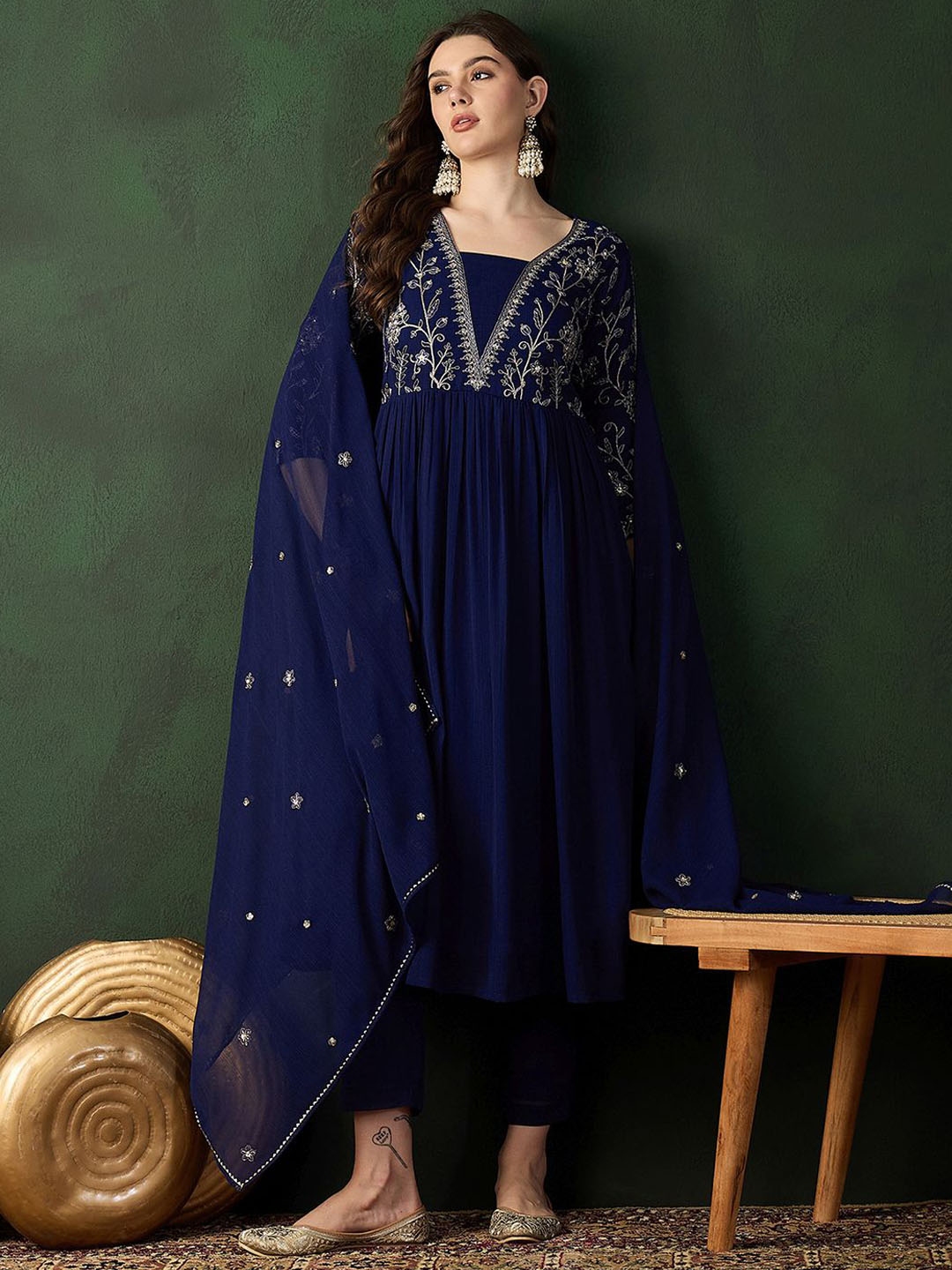 Sangria Navy Blue Ethnic Motifs Embroidered A Line Kurta With Trouser & Dupatta - Kurta Sets for Women 30271855 | Myntra