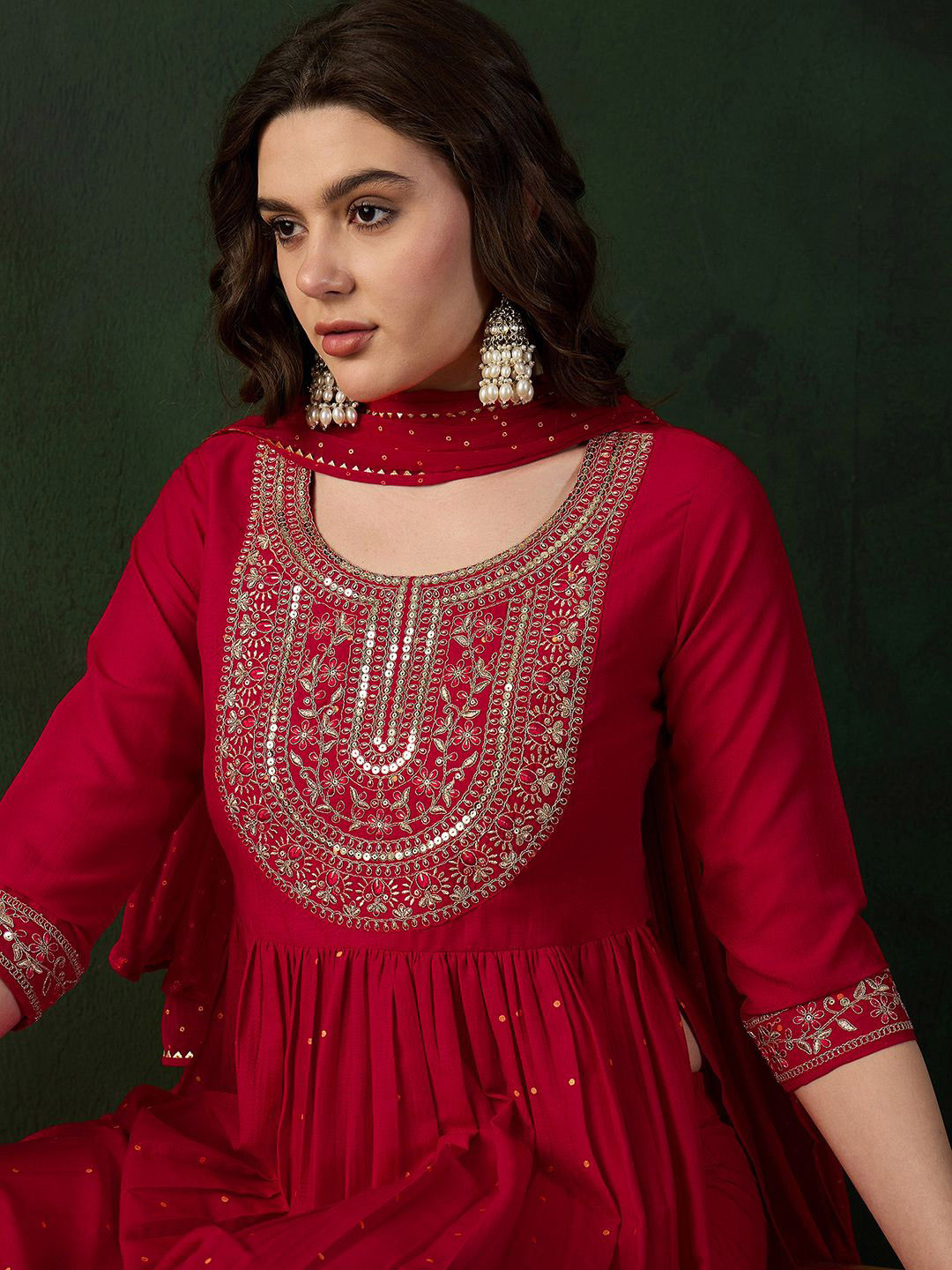 Sangria Red Floral Embroidered Sequin A-Line Kurta With Trouser & Dupatta