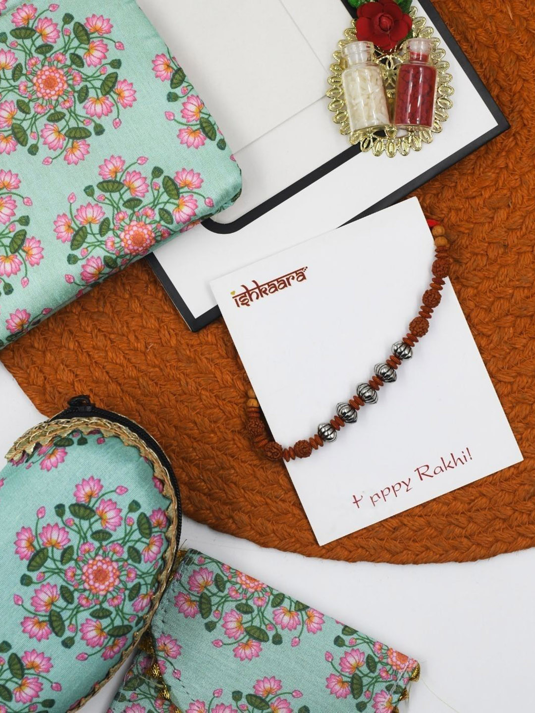 ISHKAARA Set Of 5 Rudraksh Beaded Rakhi With Floral Printed Pouches