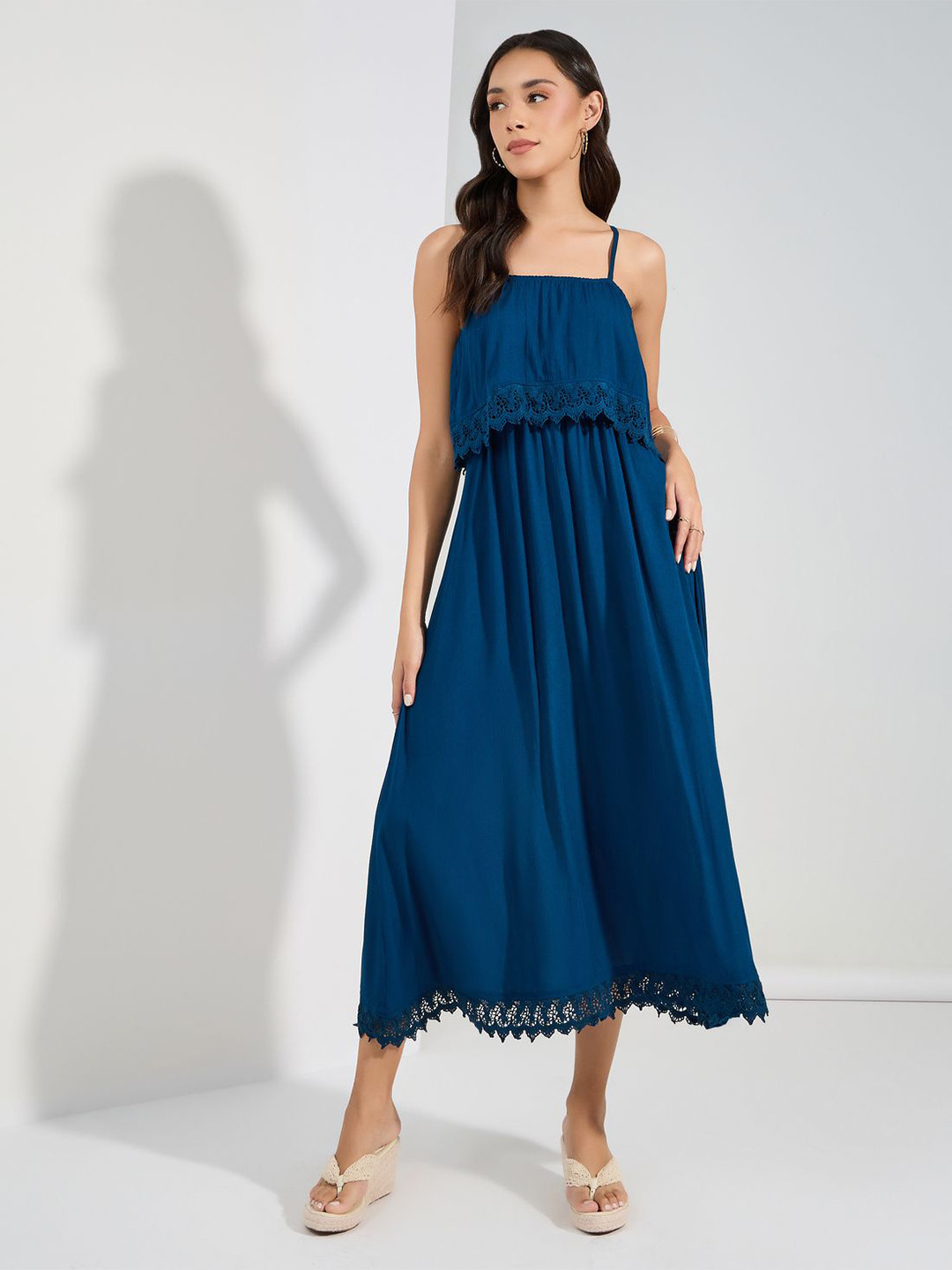 Styli Women Layered Maxi Dress With Lace Hem