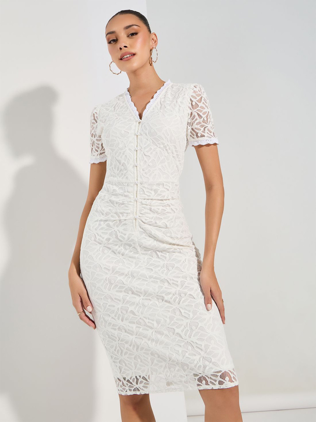 Styli Women V Neck Midi Length Short Sleeves Lace Bodycon Dress