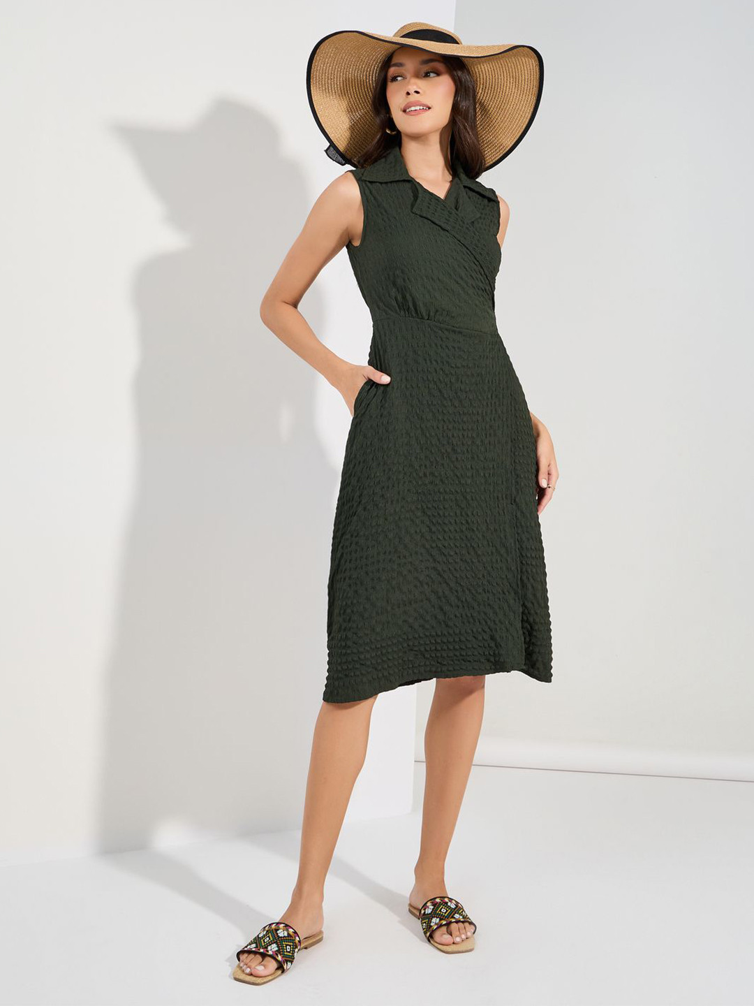 Styli Women Lapel Collar A-Line Wrap Midi Length Dress