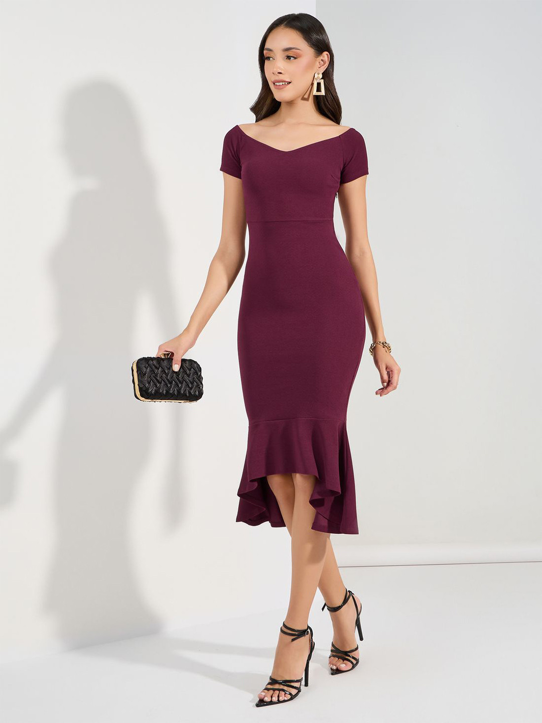 Styli Wome Bodycon High Low Hem Off Shoulder Midi Length Dress