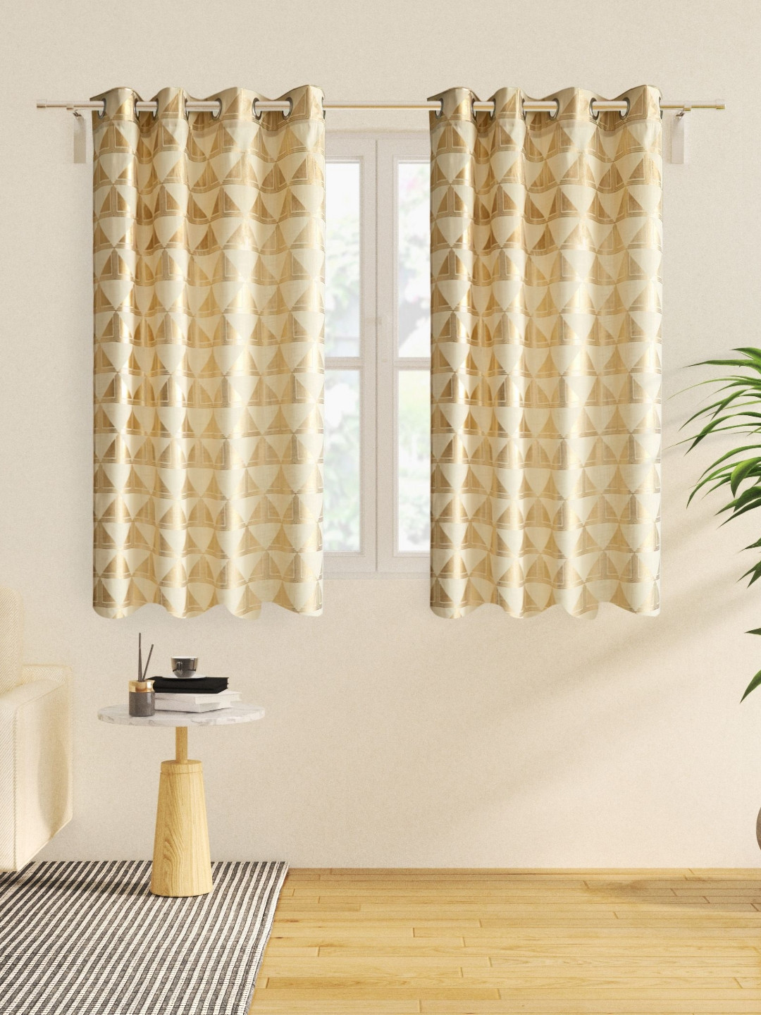 Home Centre Anderson Gold Toned & Off White 2 Pieces Printed Cotton Window Curtains