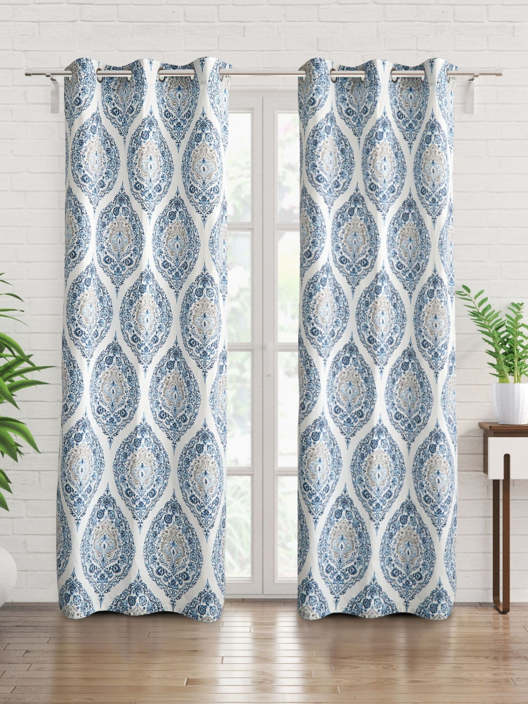Home Centre Saddle Husk White & Blue 2 Pieces Ethnic Motifs Printed Cotton Door Curtains