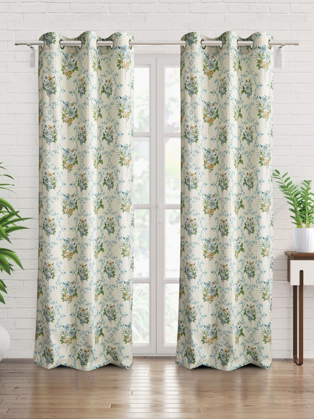 Home Centre Saddle Pomme Off White & Blue 2 Pieces Floral Printed Cotton Door Curtains