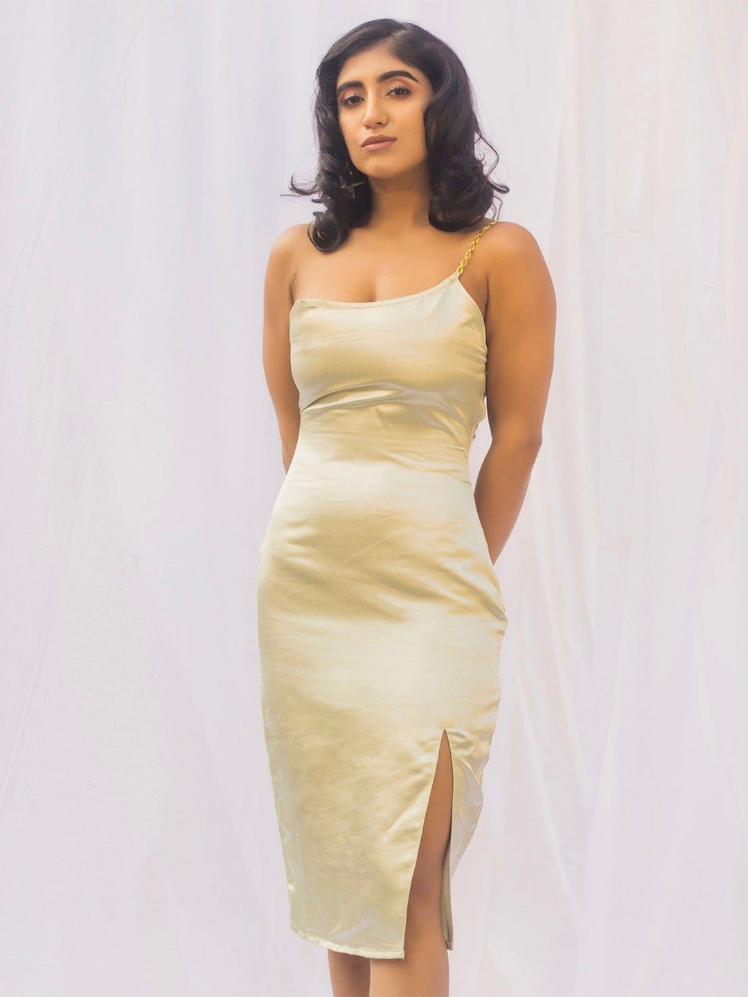 Lea Clothing Co. Satin One-Shoulder Chain Strap Bodycon Maxi Dress