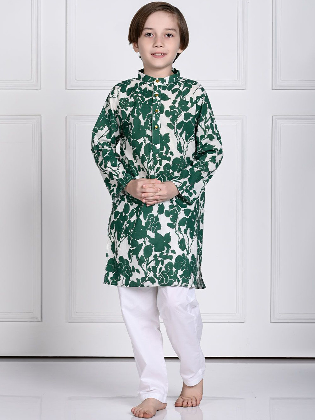THE PONY & PEONY CO. Boys Floral Printed Mandarin Collar Regular Kurta with Pyjamas
