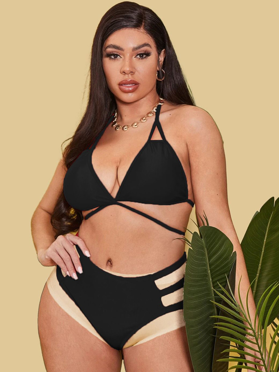 FIMBUL Women Non-Padded Cut Out Halter Neck Bikini Lingerie Set- BK-30-BLK-P1