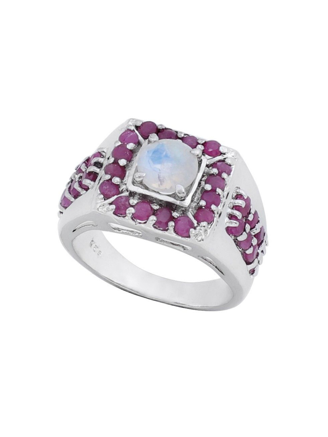 Exotic India Super Fine Rainbow Moonstone with Rubies Sterling Silver Ring