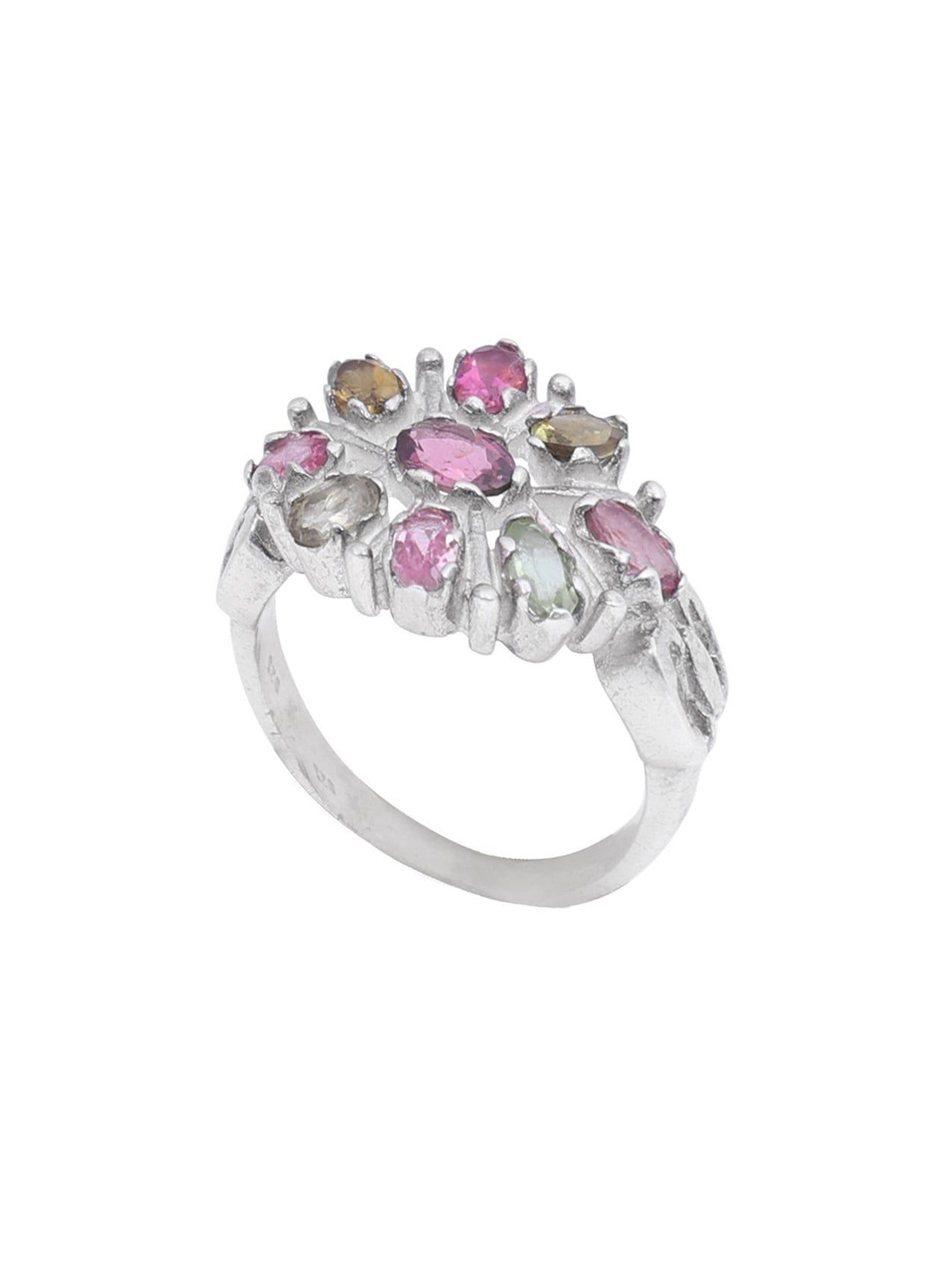 Exotic India Multi Colour Tourmaline Stones Sterling Silver Studded Ring