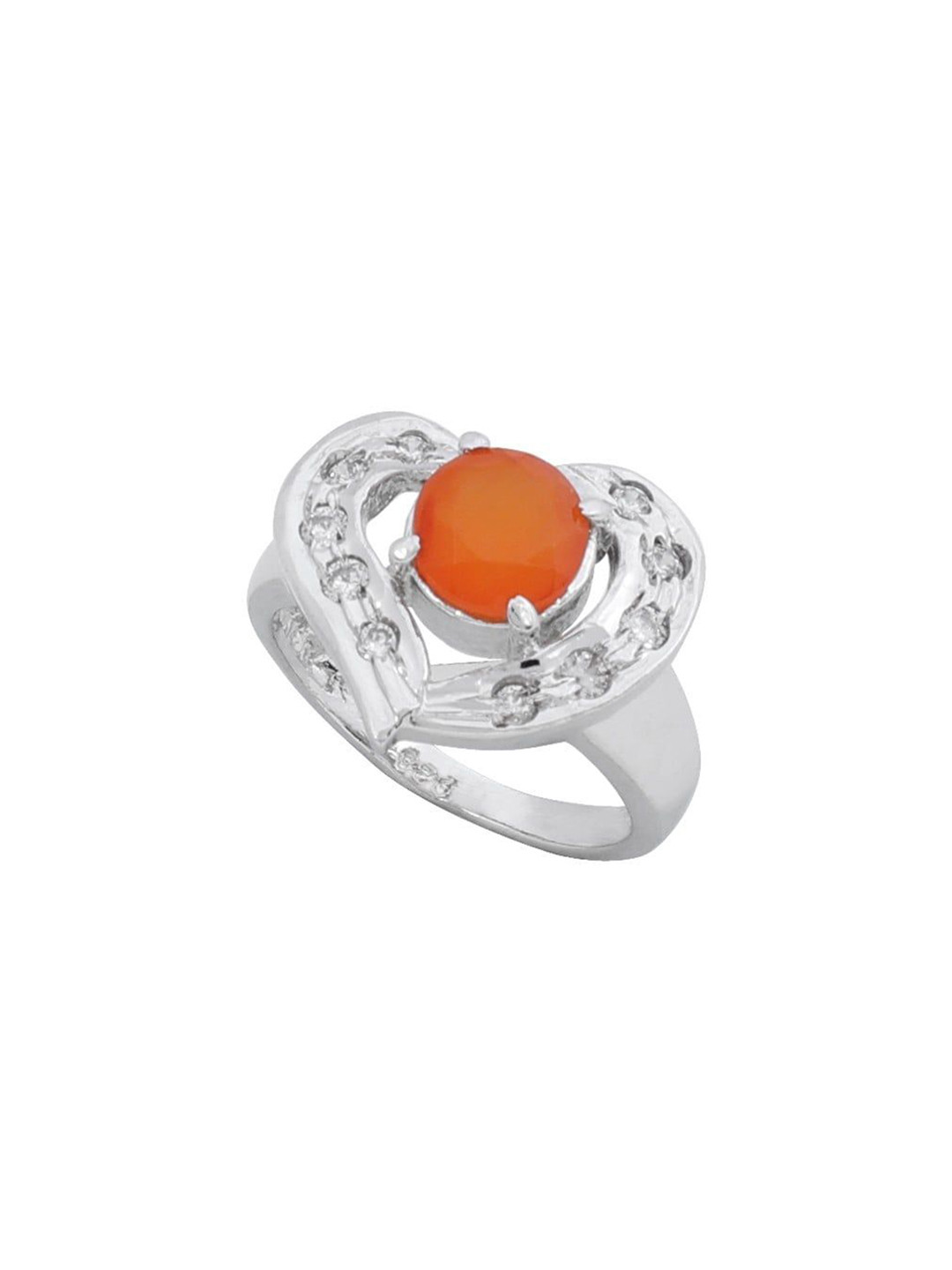Exotic India Carnelian and Cubic Zirconia Stone Fine Sterling Silver Heart Shaped Ring