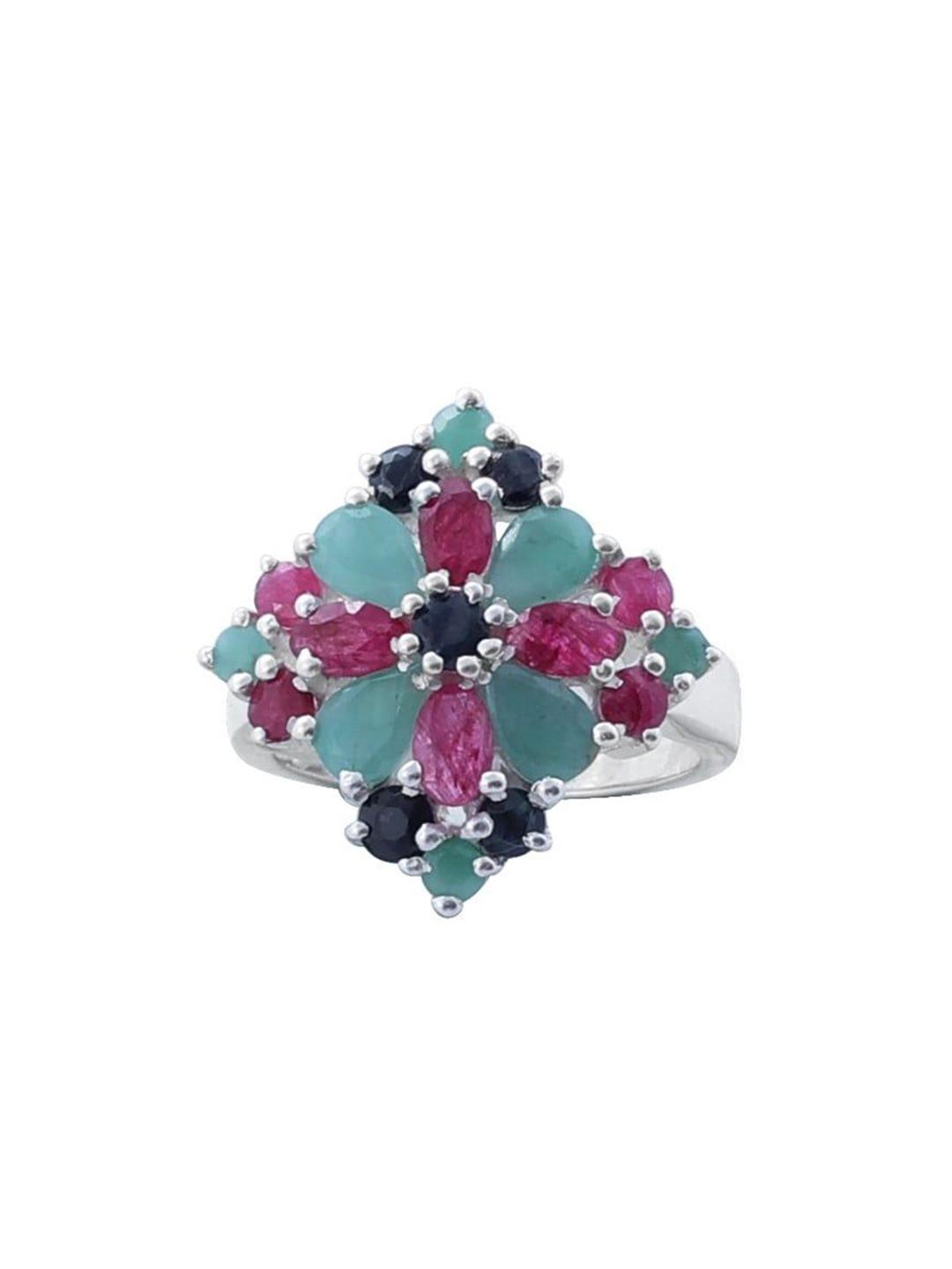 Exotic India Superfine Fabulous Ruby, Emerald and Iolite Gemstone Sterling Silver Ring