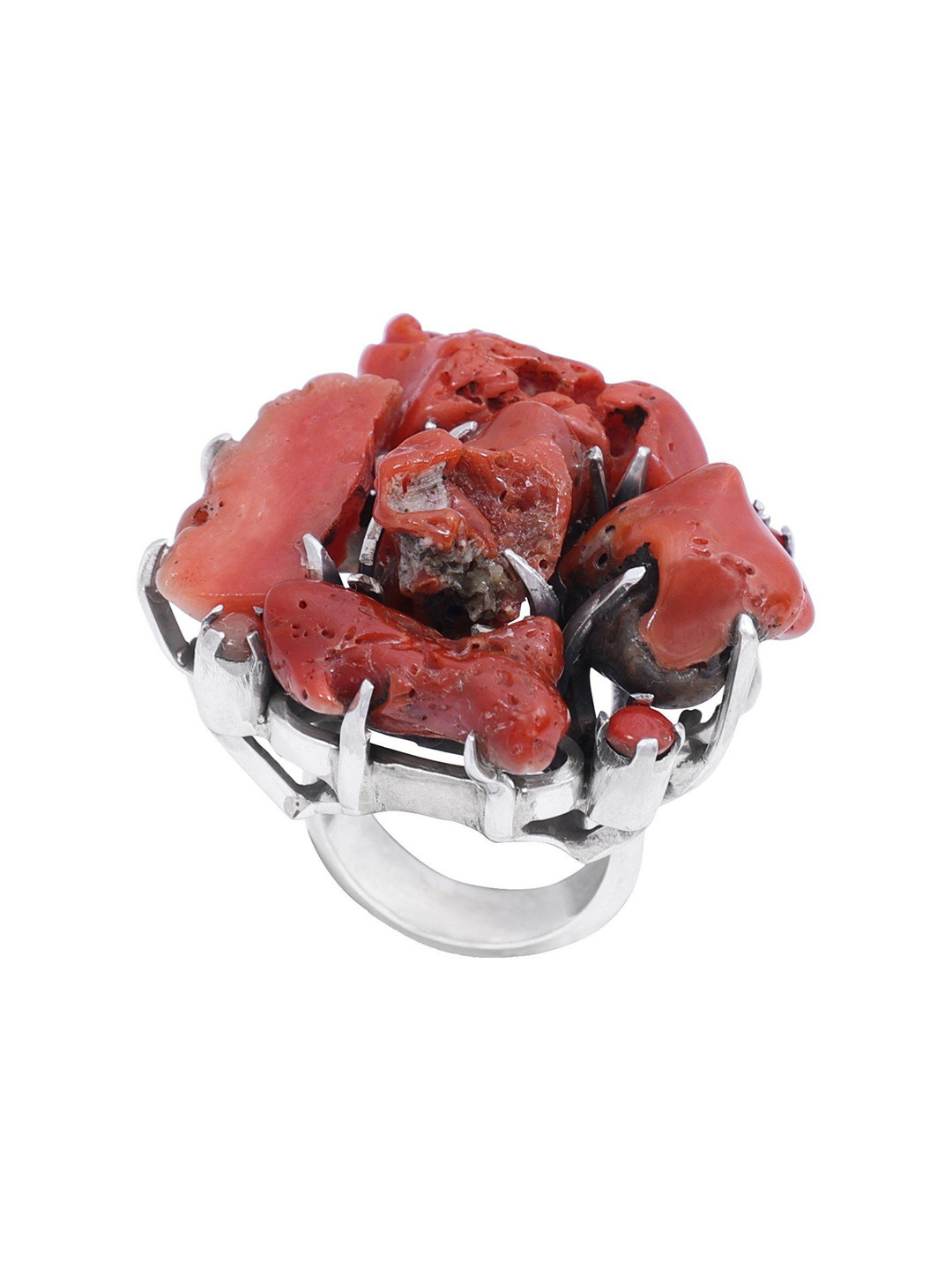 Exotic India Rugged Red Coral Sterling Silver Studded Ring